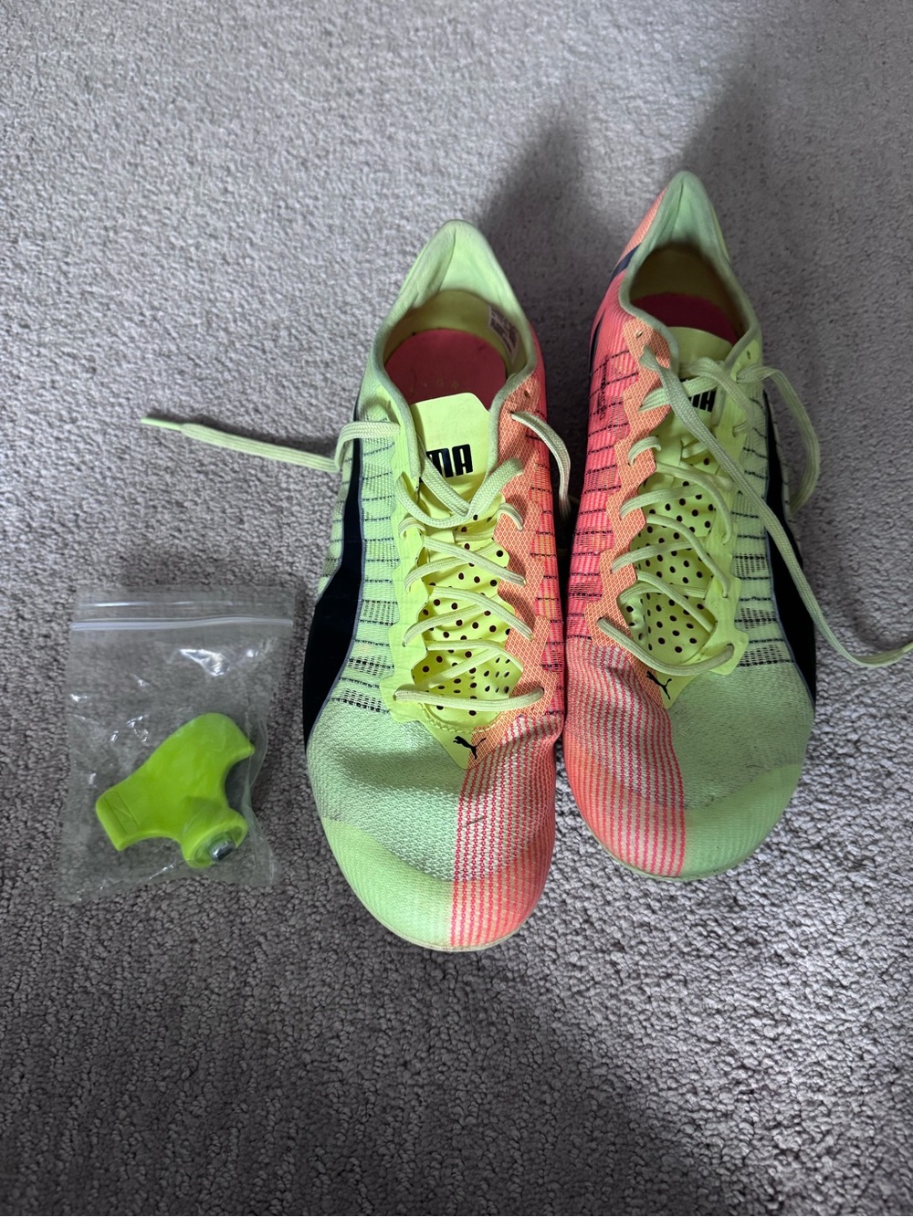 Puma Men’sYellow and Coral/Orange Track Cleats (metal) 10.5